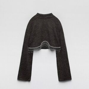 Gray Crop Top with Beaded Fringe